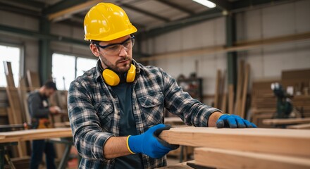 Concentrated Carpenter Working with Wood in a Busy Workshop, Wearing Safety Gear
