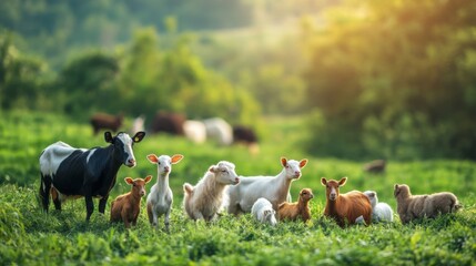 Fototapeta premium A biodiverse farm with various animals coexisting harmoniously