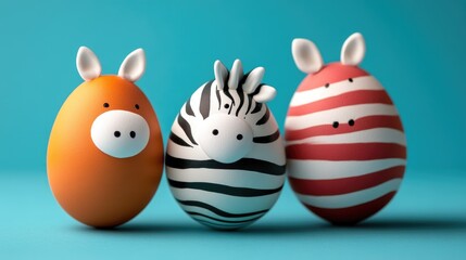 Colorful animal-inspired easter eggs with playful zebra and stripes on blue background. Easter, Pascha, Paskha, Ostern, Pascua, Paques - Orthodox and Catholic Holiday celebration