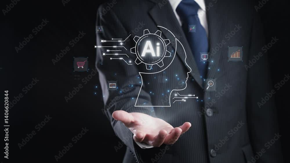 Poster human interact with ai artificial intelligence brain processor in concept of ai artificial intellige