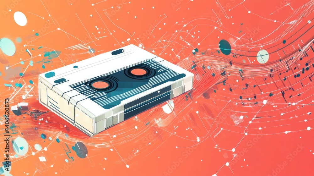 Poster retro cassette floating amidst musical notes and abstract sound waves