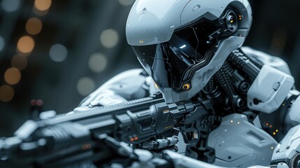 Fototapeta premium a futuristic humanoid robot holding a assault riffle, black background, spot lighting, wide angle, AGI robotics autonomous