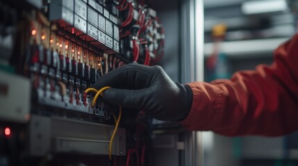 Electrician wiring a new electrical panel in a commercial building. Featuring electrical installation