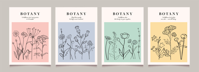 Botanical art. Posters with wild flowers and herbs. Modern vector backgrounds with plants. Hand drawn illustration.