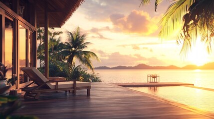 Fototapeta premium Serene Tropical Luxury Vacation Spot with Sunset Over Water