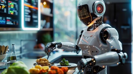 Fototapeta premium Futuristic AI robot chef preparing gourmet dishes in a sleek, modern kitchen, with holographic recipe displays and colorful ingredients 