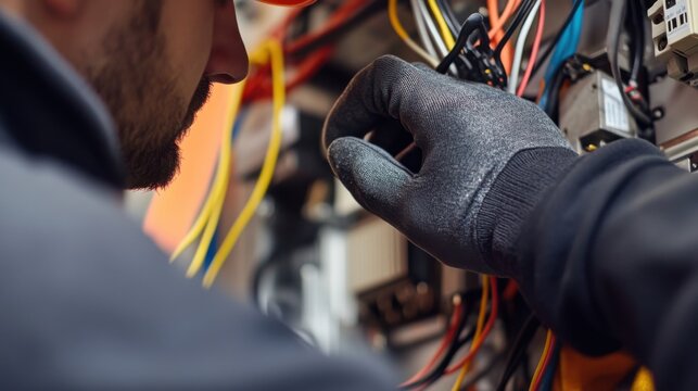 Electrician wiring a new home theater system. Featuring electrical installation and home entertainment