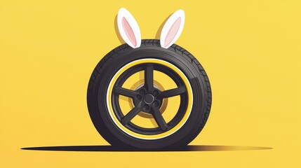 Creative tire with bunny ears on yellow background. Easter, Pascha, Paskha, Ostern, Pascua, Paques - Orthodox and Catholic Holiday celebration
