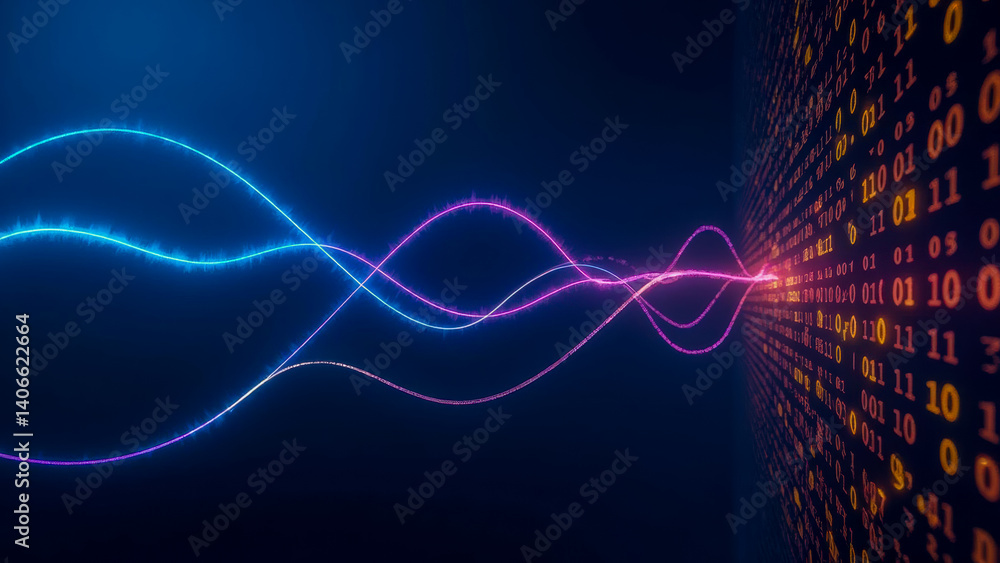Poster vibrant digital waves and binary code visualization representing technology, data flow, and informat
