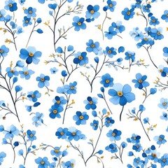 Blue Watercolor Flower Seamless Pattern on White Background