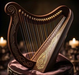 A chocolate harp with delicate edible strings, an elegant and artistic dessert for music and chocolate lovers.  