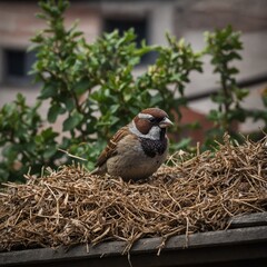 Write a short story from the perspective of a House Sparrow nesting under a rooftop.