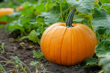 Large orange pumpkin growing in a vegetable garden. Growing organic vegetable on a farm.	
