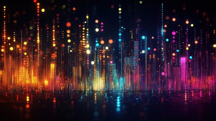 Abstract cityscape at night with vibrant light effects. Possible use stock photo for digital art, technology, or futuristic concepts