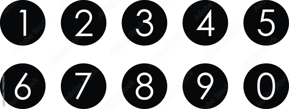 Poster simple bullet point number icon set of 0-9. number in dark round circle vector illustration.