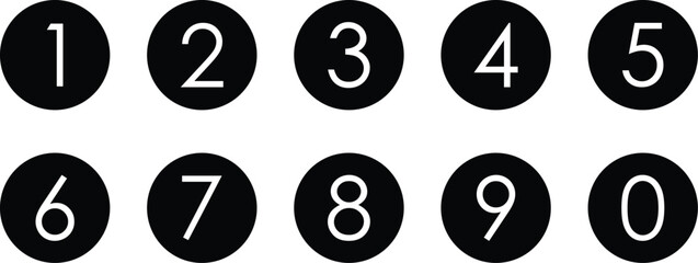 simple bullet point number icon set of 0-9. number in dark round circle vector illustration.