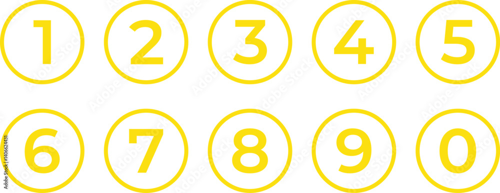 Aufkleber set of yellow numbers in yellow outline circle. from 0 to 9. vector illustration.
