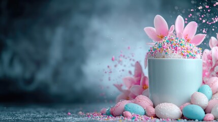 Pastel easter cake with pink flowers and eggs festive springtime dessert photography