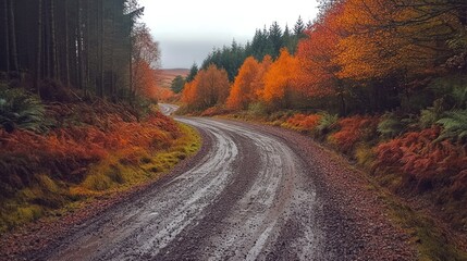 Obraz premium Autumn forest dirt road winding. Possible stock photo use showcasing nature beauty, tourism