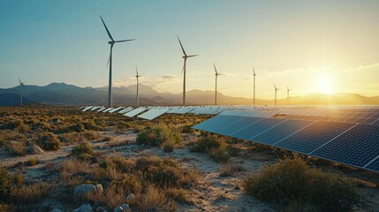 Modern Renewable Energy in Middle East Desert Landscape at Sunset