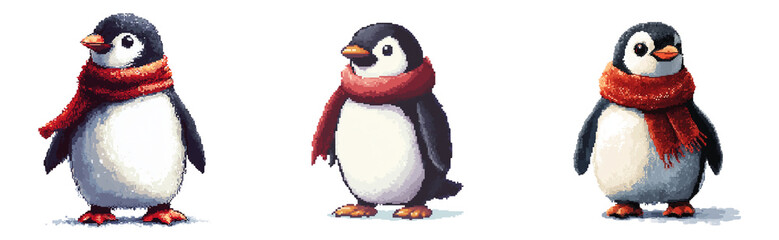 Fototapeta premium Pixel art penguin wearing a tiny red scarf, standing on a transparant background, retro game style