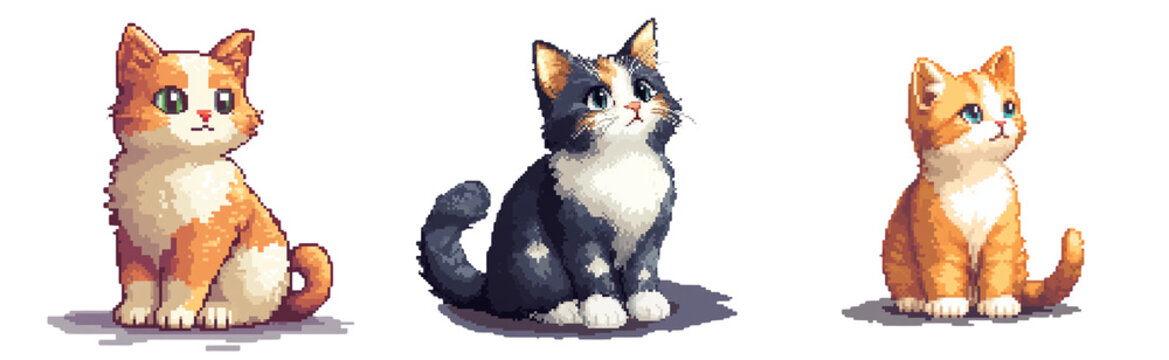 A cute pixel art cat sitting with its tail curled, transparant background, 32-bit style