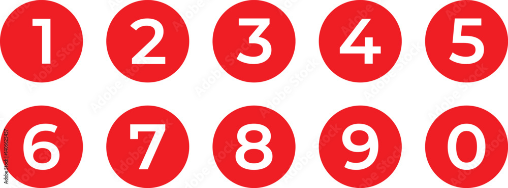 Poster white numbers icon with red circle. from 0 to 9. number button vector illustration.