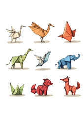 A series of origami animal figures like cranes, foxes, and elephants in different colors, minimalistic vector design