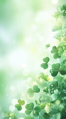 Fototapeta premium Fresh green clover leaves with bokeh on light background. Saint Patrick's Day, St Paddy's Day, St Patty's Day - Irish National Holiday and Cultural Celebration