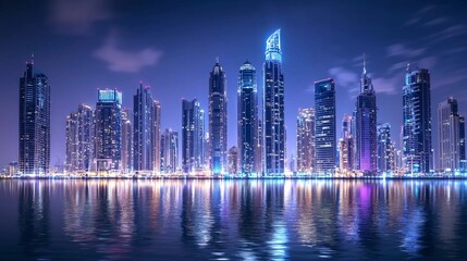 Obraz premium Modern Skyline of Dubai at Night Reflecting on Water Surface