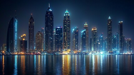 Fototapeta premium Modern Skyline of Middle Eastern City at Night with Stunning Lights