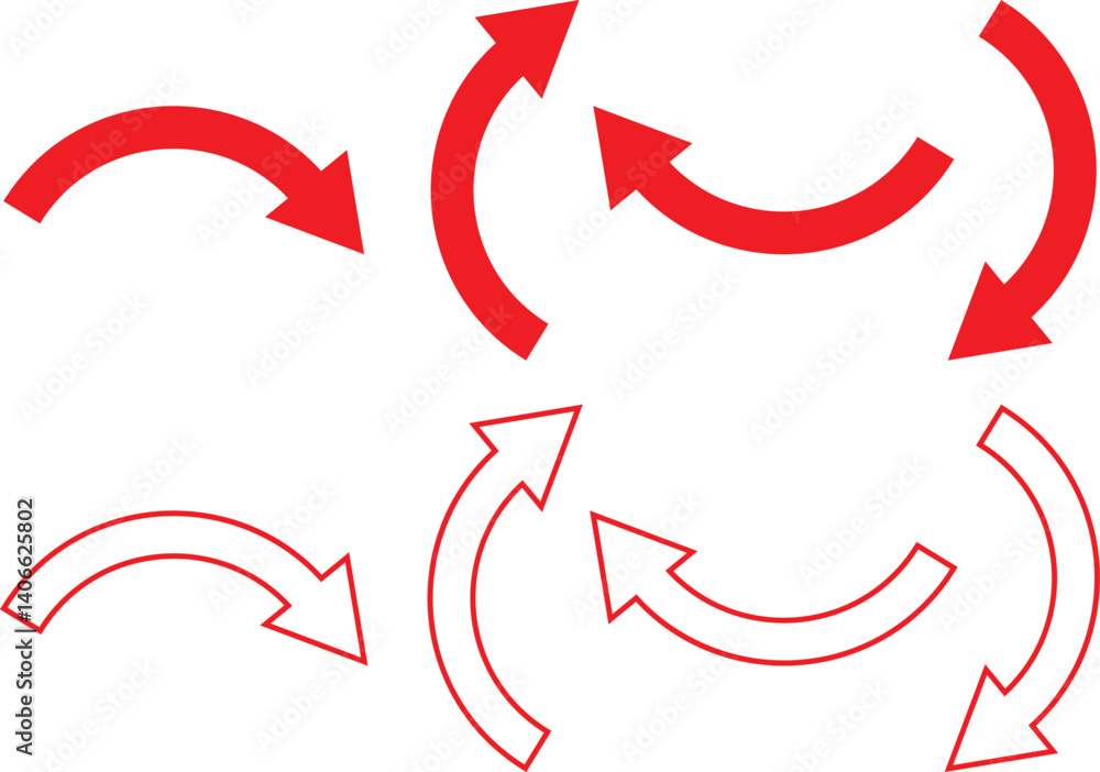 Poster set of red hand drawn red curve arrow symbol. simple curve red arrow icon vector illustration.