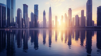 Fototapeta premium Modern Urban Skyline at Sunrise in Middle East Environment