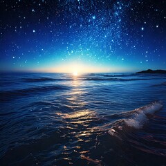 穏やかな波と星明かりが輝く夜景アート