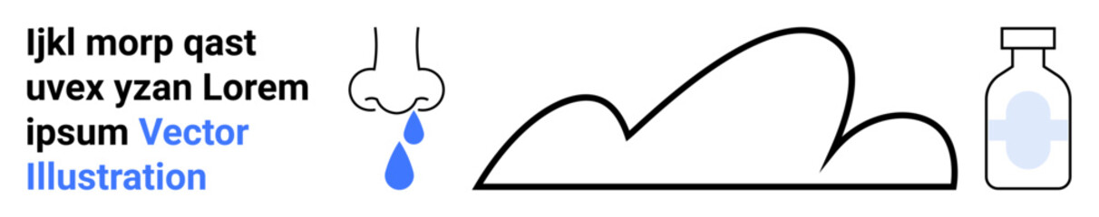 Nose with a drop, bottle with medicine, and minimalistic cloud outline. Ideal for healthcare, allergies, medications, sinus care, cold symptoms, weather effects simple landing page