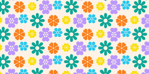 Seamless repeat of playful flower shapes in bright hues, creating a cheerful and energetic design