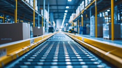 Fototapeta premium Modern Warehouse Environment with Conveyor Belt and Storage Racks