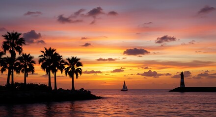 Silhouetted Palms and Sailboat at Sunset: A Serene Coastal Scene