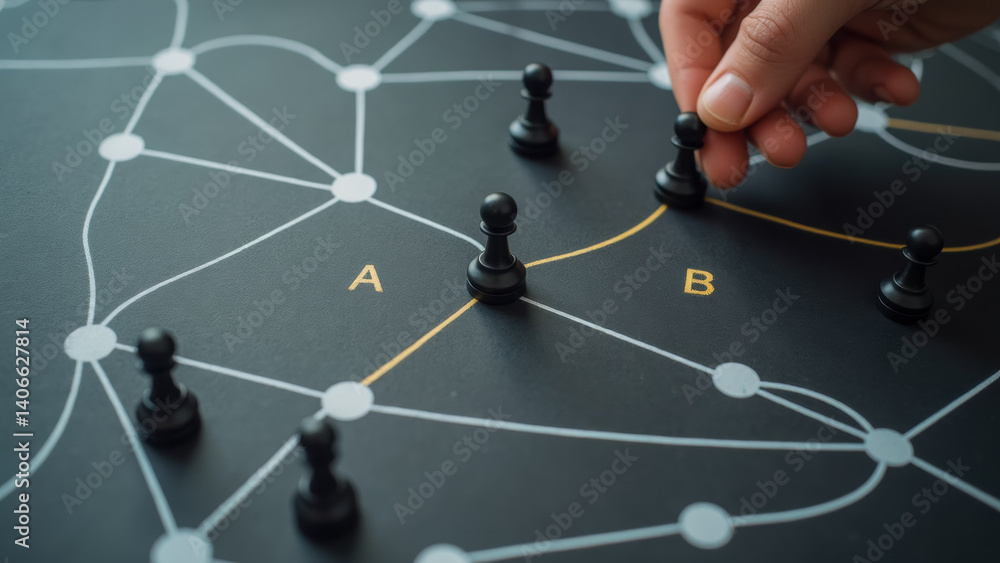Poster hand placing black pawn on abstract board game with connections between points of interest in a stra