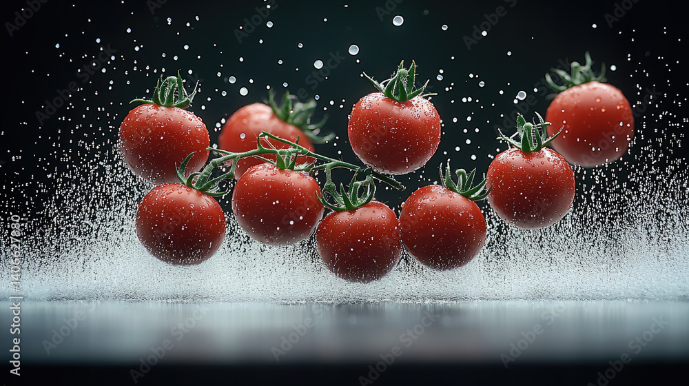 Poster fresh red tomatoes splash in water, creating dynamic and vibrant scene. droplets enhance visual appe