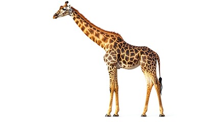 Fototapeta premium African giraffe standing isolated on white background, full body side view of wild animal with long neck and patterned coat 