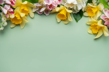 Daffodils and spring flowers creating a floral border on pastel green background