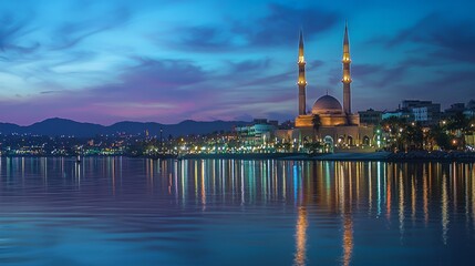 Fototapeta premium Modern Middle Eastern Cityscape with Reflections at Dusk