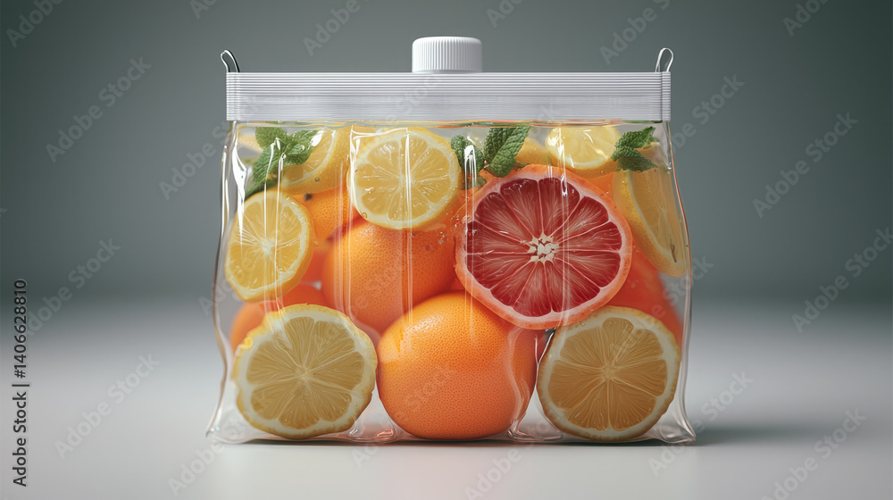 Poster Fresh citrus fruits in transparent bag create vibrant and refreshing display. assortment includes oranges, lemons, and red grapefruit, evoking sense of health and vitality