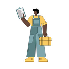 Master, repairman. A man with a suitcase with tools and a tablet of completed work