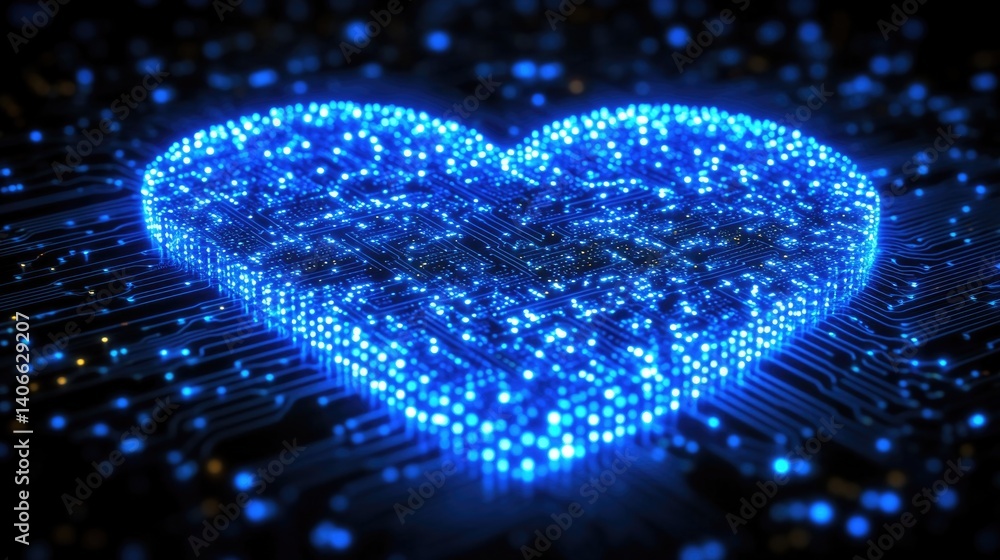Poster glowing blue heart composed of circuitry and digital particles in futuristic abstract design