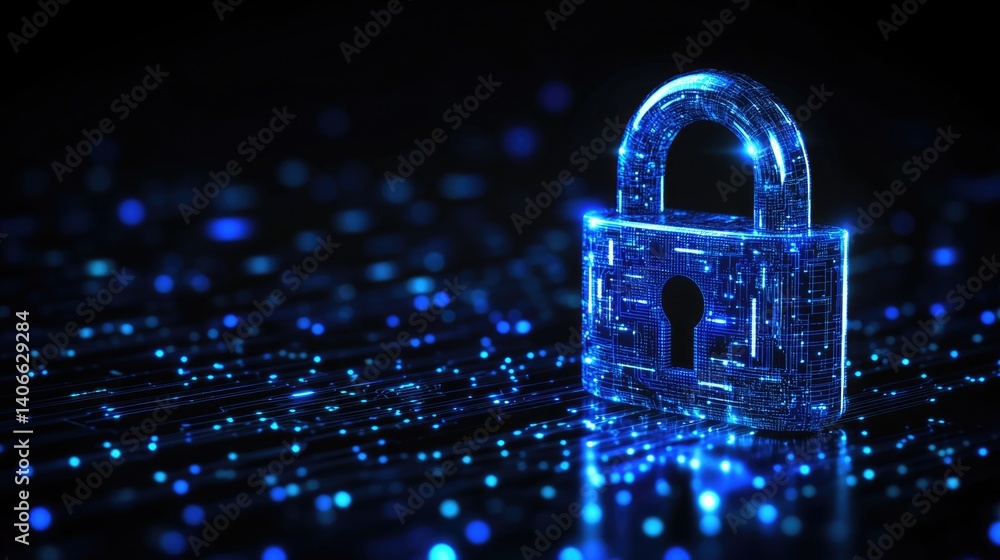 Poster digital security concept with futuristic glowing lock and circuitry background