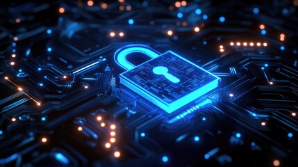 Futuristic digital circuit board with glowing lock symbol highlighting cybersecurity