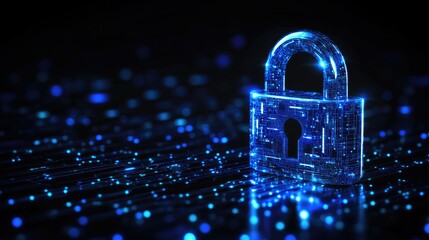 Digital security concept with futuristic glowing lock and circuitry background