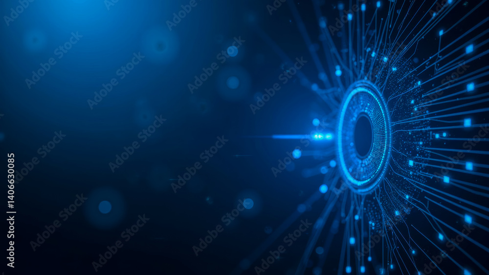 Poster digital abstract background with glowing circles and radiating lines in blue hue for technology and 